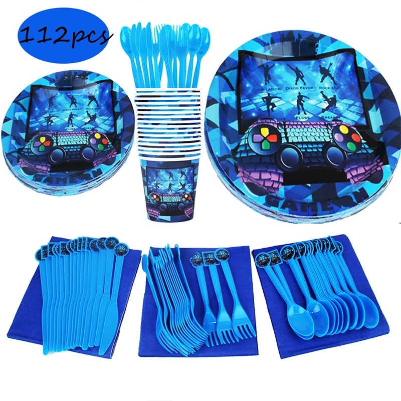 

Video Game Birthday Party Supplies 16pcs 7 Inch Blue Party Plates Gaming Party Disposable Tableware Fork And Spoon Napkins Paper