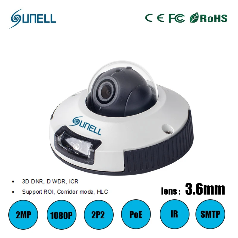 zk20 Sunell 2MP 1080P Smart IP Outdoor Dome Mini Camera With 3.6mm Lens,H.264 Day night IR 6M Heater PoE,ROI Defog,Corridor mode