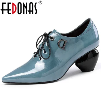 

FEDONAS 2019 Blingbling Genuine Leather Patent Leather Lace Up Women Pumps Fashion Pointed Toe High Heels Elegant Ladies Shoes