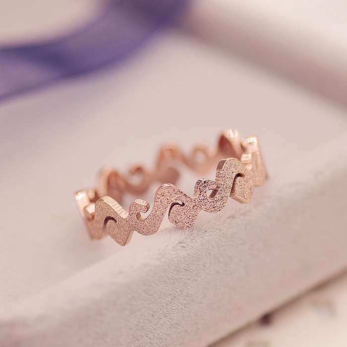 

YUN RUO Brand Rose Gold Color Frosted Ring Wavy Design for Woman Girl Gift Couple Jewelry 316 L Stainless Steel Ring Top Quality