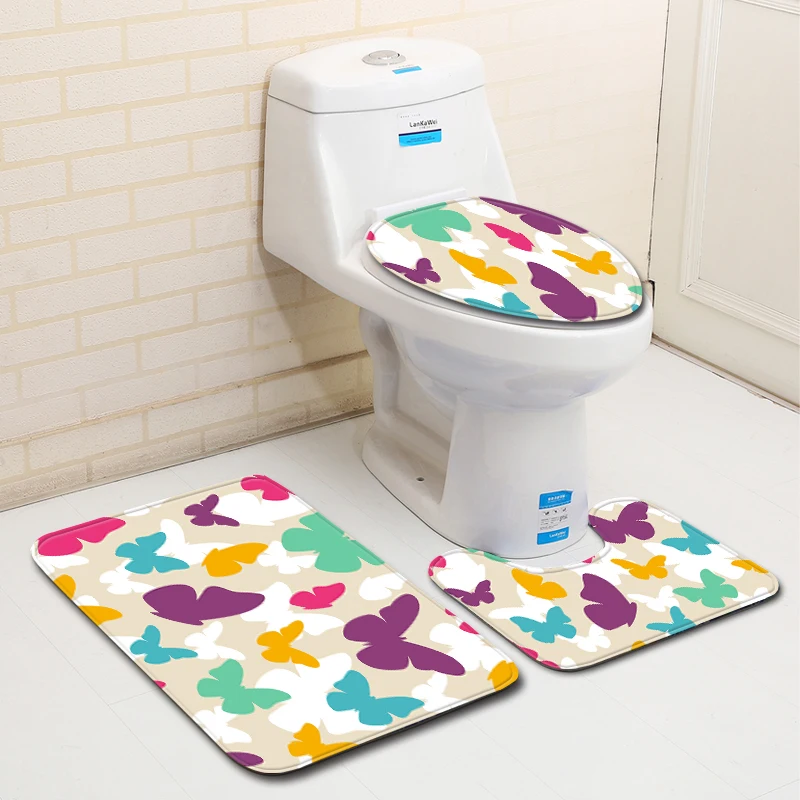 Нордический 3D коврик для туалетной ванной с бабочкой, ковер, наборы ковров для ванной комнаты, ковры для душевой комнаты, фланелевый Противоскользящий Набор ковриков для ванной из 3 предметов