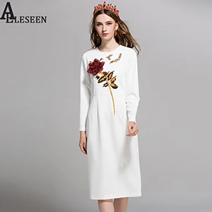 Новое поступление, офисные женские платья, осень, модное дизайнерское белое/черное розовое платье до колена с длинным рукавом и блестками - Цвет: Белый