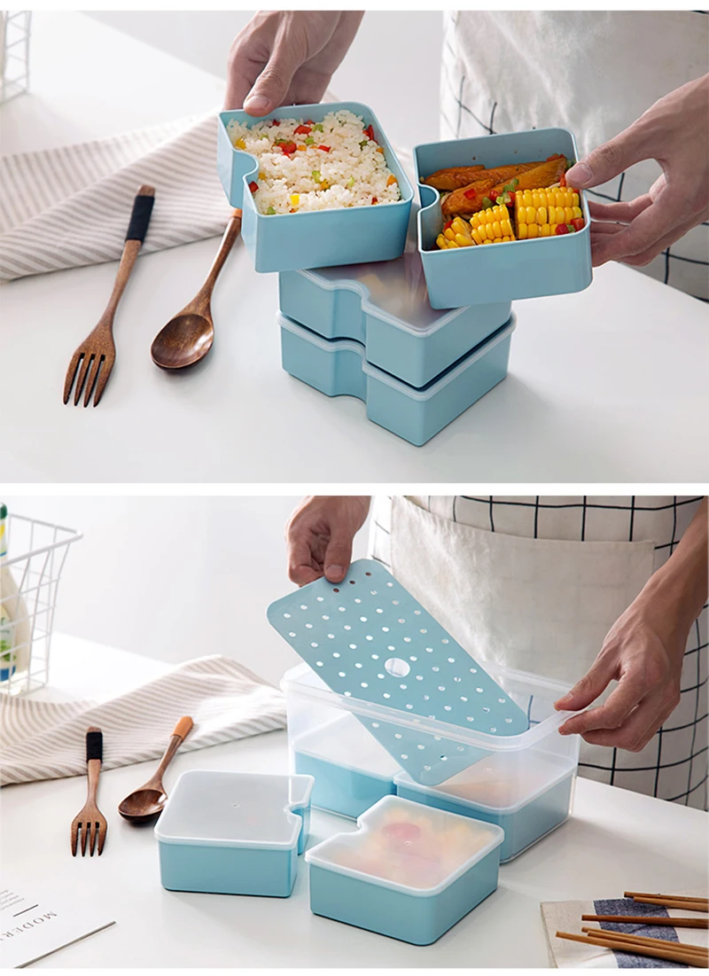 TUUTH Microwave Lunch Box Set Independent LatticeLeak-Proof Refrigerator Storage Box Portable Bento Box For Kids White Collar A4
