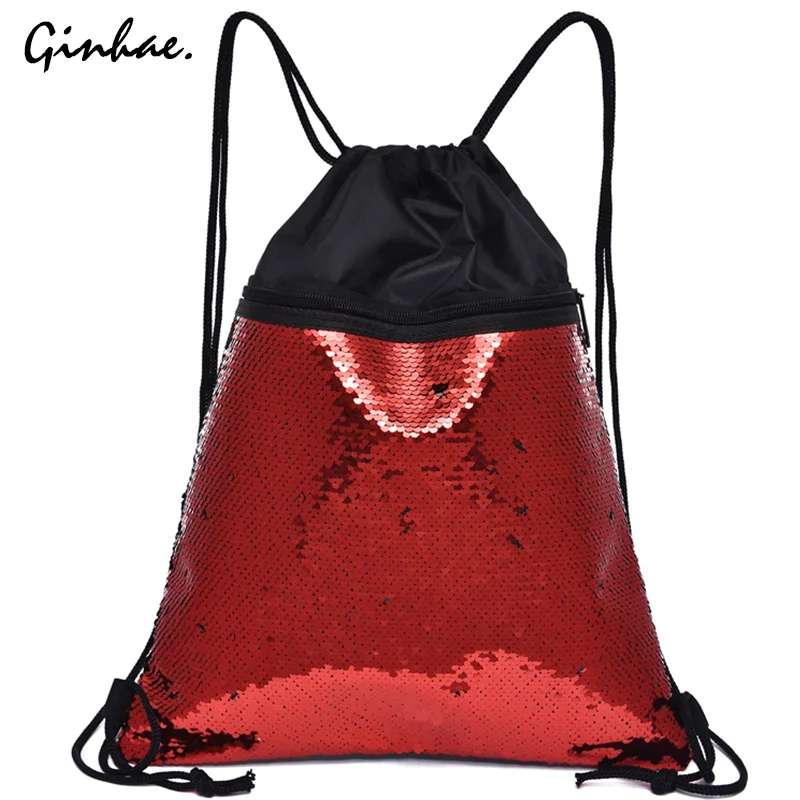 Casual Small Sequin Drawstring Bags Unisex Double Color Sports Bags Simple Shiny Backpack Fashion Large Capacity
