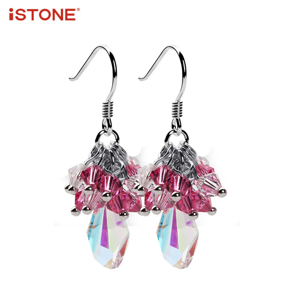 iSTONE 100% Natural Gemstone Pink Green Blue Crystal 925 Sterling Silver Flower Shape Drop Earrings Fine Jewelry Gift for Woman | Украшения