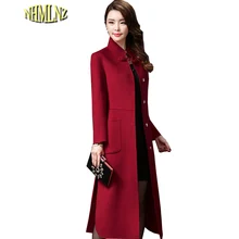 Осенне-зимнее женское винтажное шерстяное пальто, длинное удобное шерстяное пальто, одноцветное шерстяное пальто с воротником-стойкой, HAH012