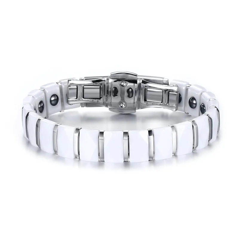 

Fashion Womens Bracelets Jewelry Stainless Steel White Ceramic Inlay Bracelet Magnetic Therapy Bar Links Wristband Accessories