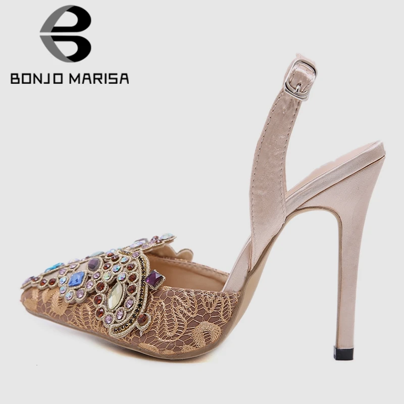BONJOMARISA/новый бренд дизайн пикантные для женщин летние сандалии со стразами очень высокий тонкий каблук вечерние туфли вечерние обувь