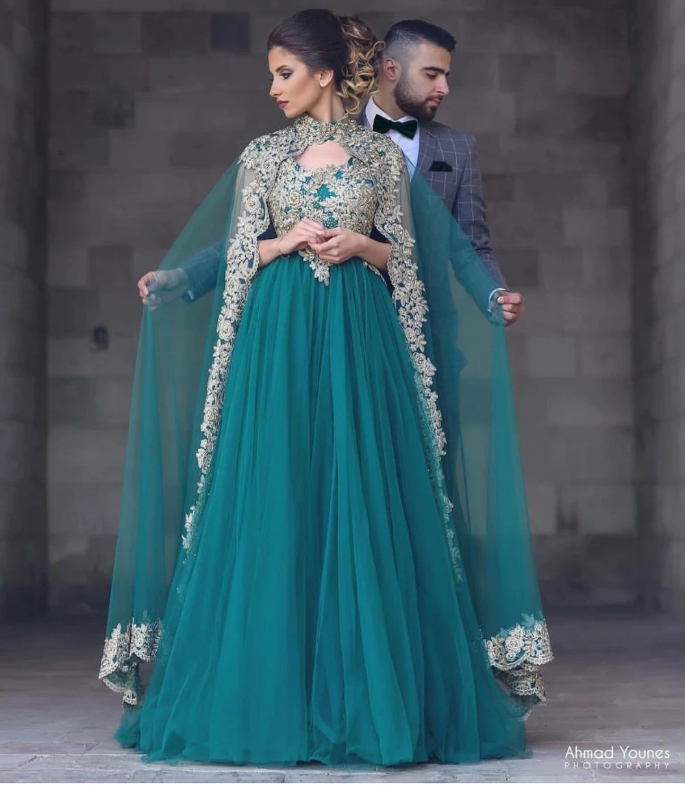 Bonita Fiesta Musulmana Arabia Árabe Vestido de Noche Largo de Jade vestidos 2017 Tulle Dubai Kaftan Con Capa Robe De Soirée MX 53|dubai kaftan|formal party evening dress long - AliExpress