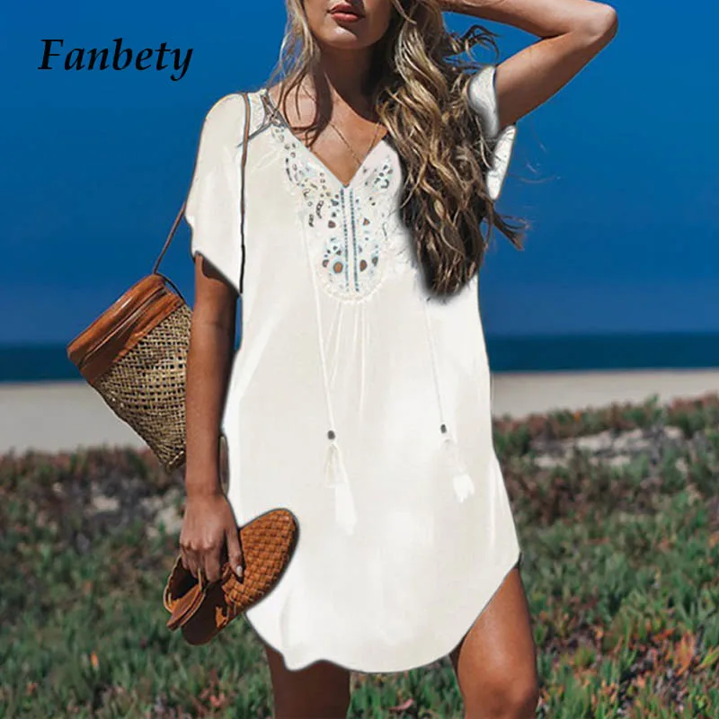 Fanbety, плюс размер, пляжная одежда с кисточками, платье, женский купальник, накидка для купания, Летнее мини-платье, свободное однотонное парео, накидка, платье