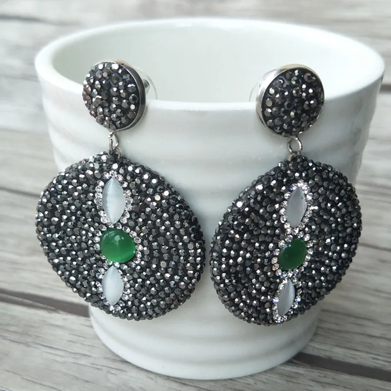 

1 Pair natural druzy druse Stone dangle Earrings,handmade Drop Opal Earrings Pave Crystal Rhinestone round Charm Jewelry ER323