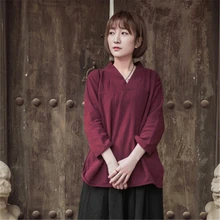 Johnature, осень, новые женские футболки, повседневные, хлопок, лен, винтажные, v-образный вырез, длинный рукав, свободные, короткие, женские топы, футболки