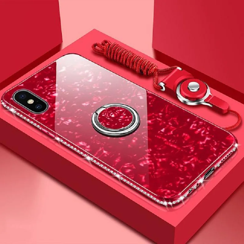 

Case For iphone X XR XS 11 pro Max Finger Ring Kickstand Case For iphone 11 8 7 6 6s Plus Bling Conch Shell Tempered phone Cover
