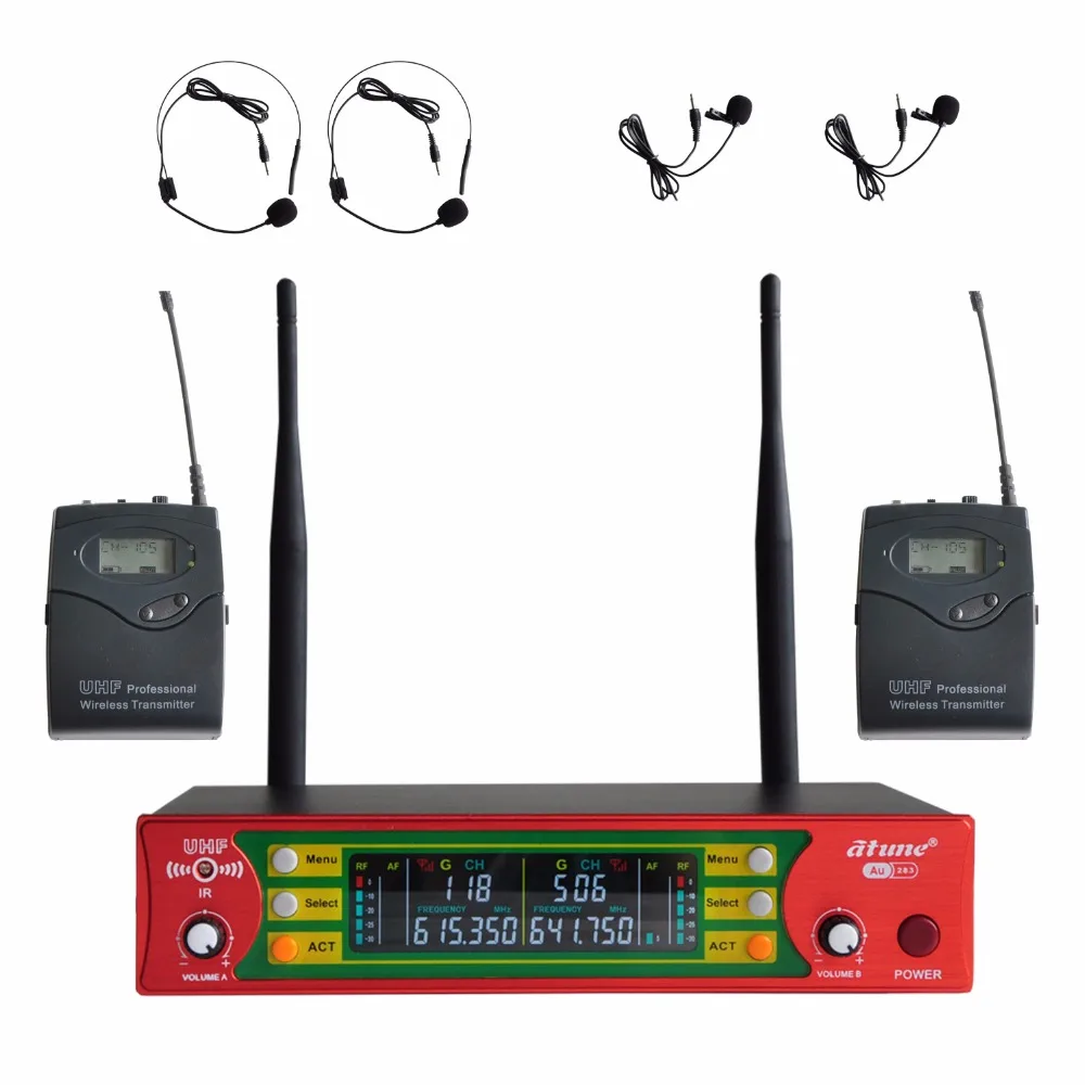 UHF Wireless Microphone System Dual Channel IR Frequency Body Pack Belt Transmitter Karoke KTV
