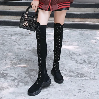 

INS Hot Women Knee-high Boots Long Boots Size 34-40 Sheep Suede Cross-strap Zipper Winter Wild Black Women Fashion Shoes