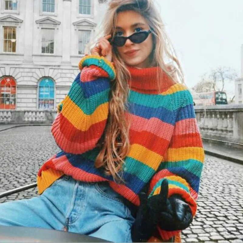 

Rainbow Sweaters Turtleneck Hit Colors Striped Pullovers Women Knitted Shirts Lantern Sleeved Oversized Chic Pullover Tops 2018