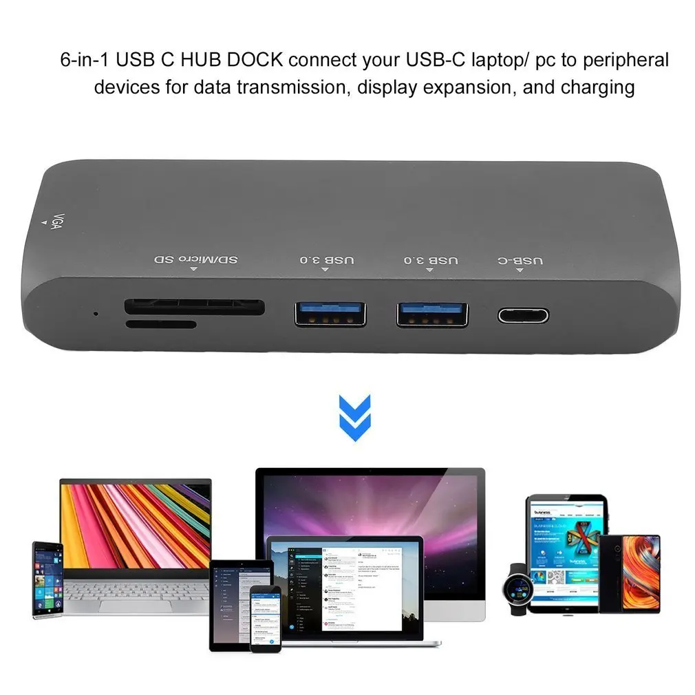

6-in-1 USB-C Dock USB 3.1 Type-c Multi-ports Hubs with VGA Built-in Hidden Cable with Secure Digital / TF Card Reader