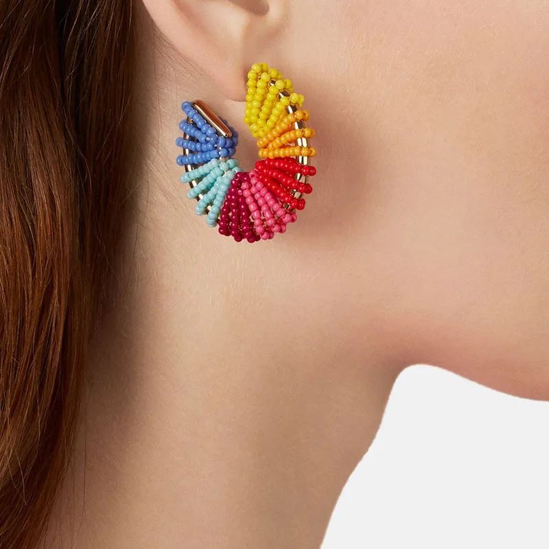 

AENSOA Boho Fashion Handmade Colorful Beads Drop Earrings For Women Personality Type C Woven Beads Earrings Jewelry Wholesale