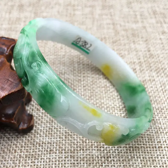 

A-382 Beautiful Hand-carved Emerald Green Jadeite Jade Gems Bracelet Bangle 60mm