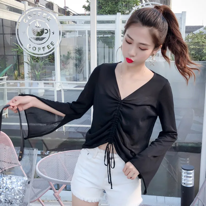 

2019 Summer Women T-shirt Black V-Neck Flare Long Sleeve Female Tee Loose Drawstring White T-Shirt Casual Solid Lady Tshirt Tops