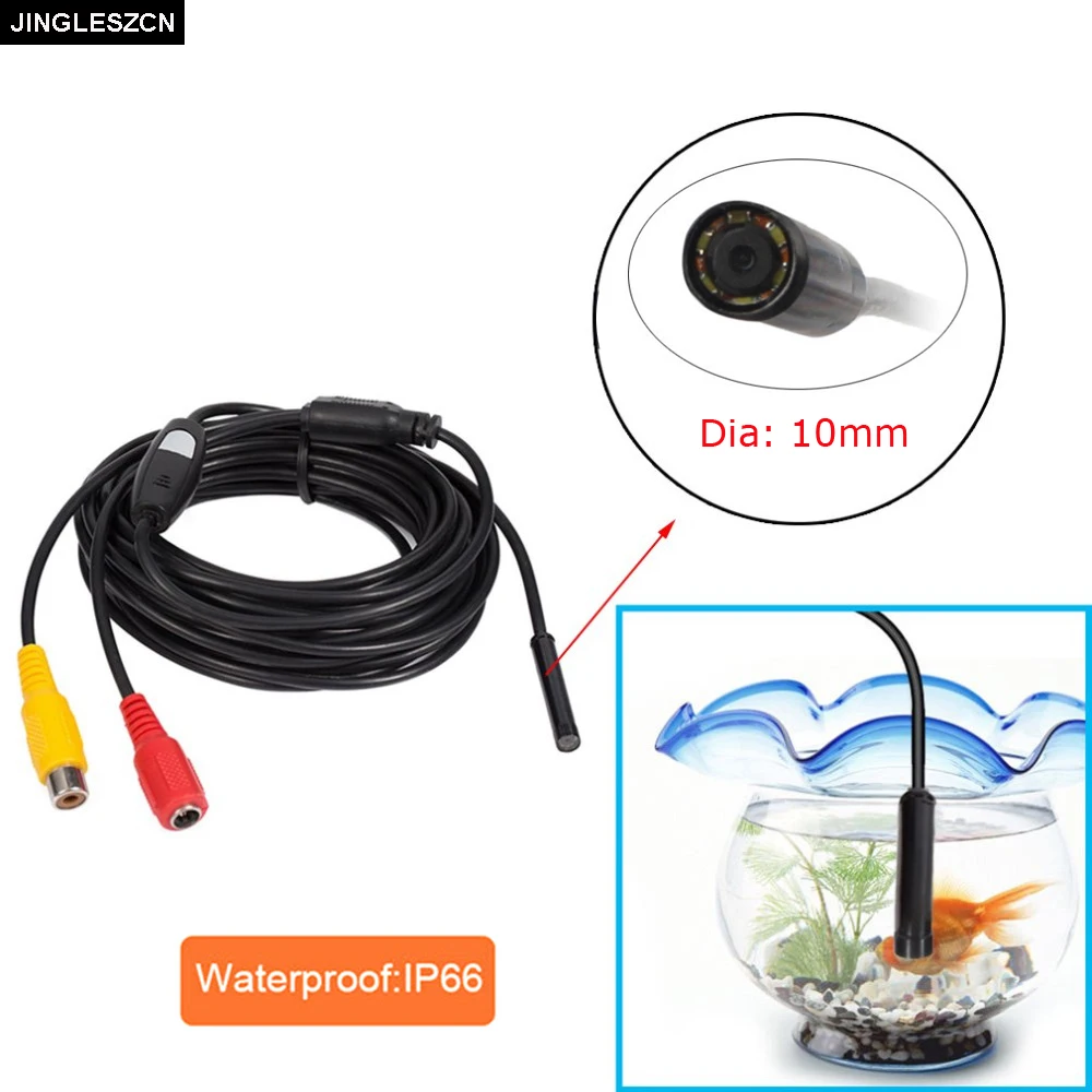

JINGLESZCN AV Endoscope 10mm Dia 10m Cable 12V PAL Waterproof IP66 Borescope Inspection Camera Snake Pipe Cam Plug Car NO Screen