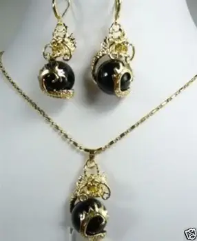 

Free shipping Jewelry Black stone Dragon Pendant Necklace Earring set