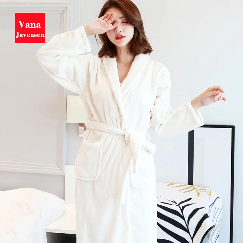 Vana Javeasen Coral Fleece Women Men Bathrobe Pajamas Thicken Warm Autumn Winter Home Couple Sleepwear Turndown Collar Robes