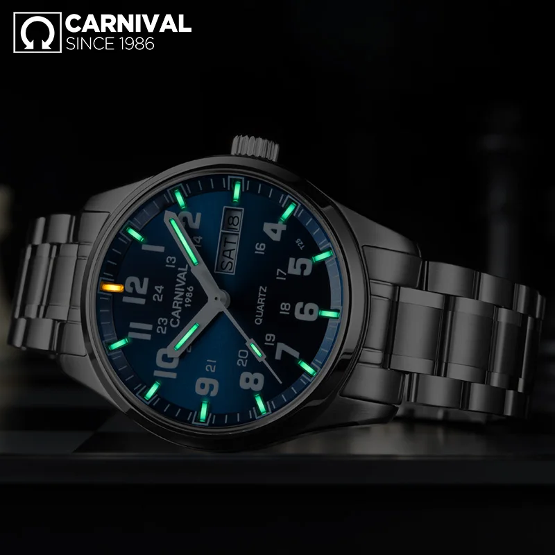 CARNIVAL New Fashion Tritium gas светящиеся часы мужские топ бренд Роскошные Кварцевые
