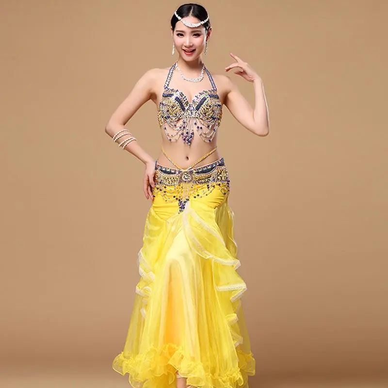Rhinestone Beading Top Bra Chiffon Long Skirt Performance Wears Costume Sexy Belly Dance 3pcs set for Women/Female/Lady Dancers