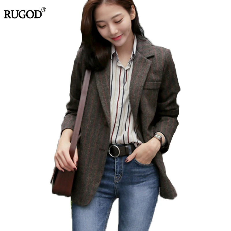 

RUGOD 2019 Fashion Loose Striped Winter Coat Women Casual Thick Warm Wool Jacket Long Sleeve Coffee Women Coat And Jackets
