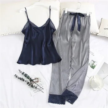 

2 piece pajamas for women stripe print sling full pants silk pajamas set home set sleepwear suit nightwear