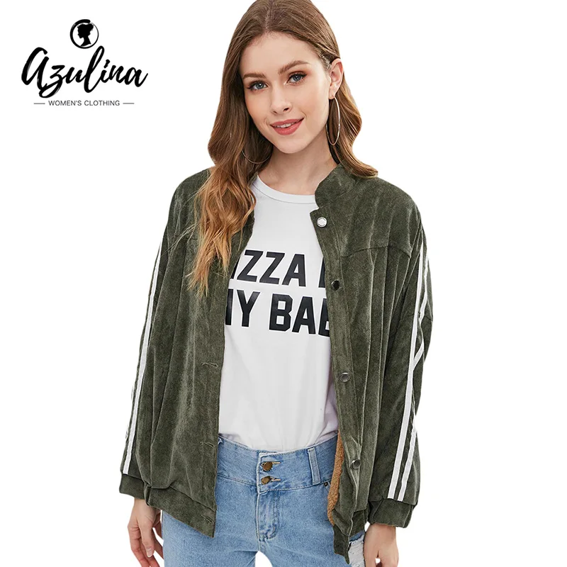 AZULINA Faux Fur Lined Corduroy Jacket Women Oversized Side Stripe