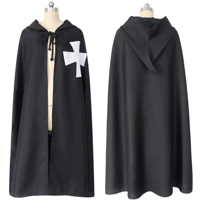 Hot Sale Halloween Medieval Costume Clothing Black Knights Costume Hospitaller Tunic Cloak Cape Men Gothic White Cross Robe