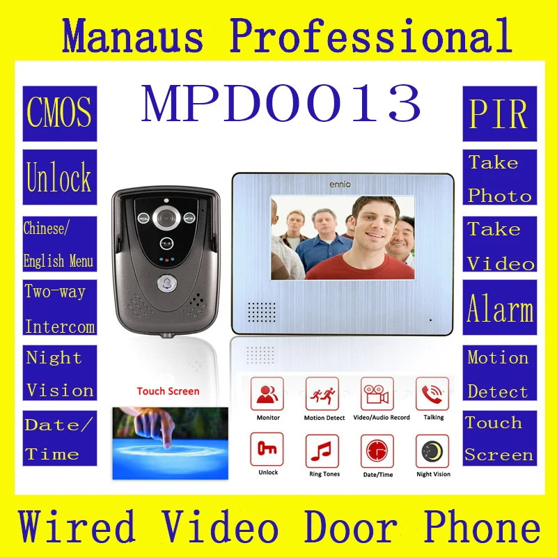 

D13C  7"Color Touch Screen Video Door Phone with PIR Record intercom System RFID Keyfob IR Camera max to support 32G SD card