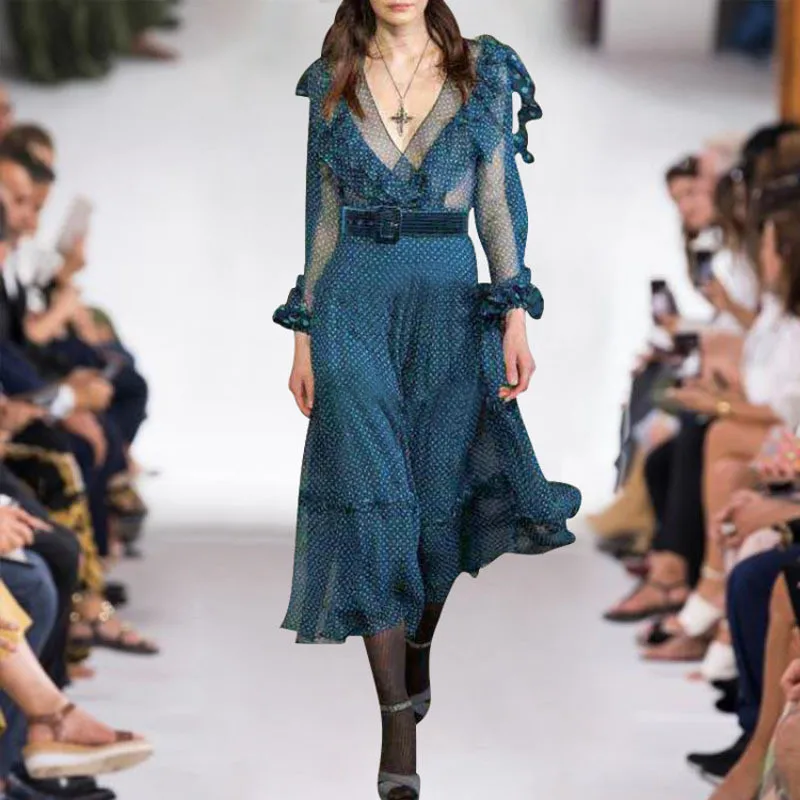 

Top Brand Fashion Runway Dress Women 2019 New Spring Long Sleeve V Neck Ruffles Polka Dot Print Boho Chiffon Dress Beach Vestido