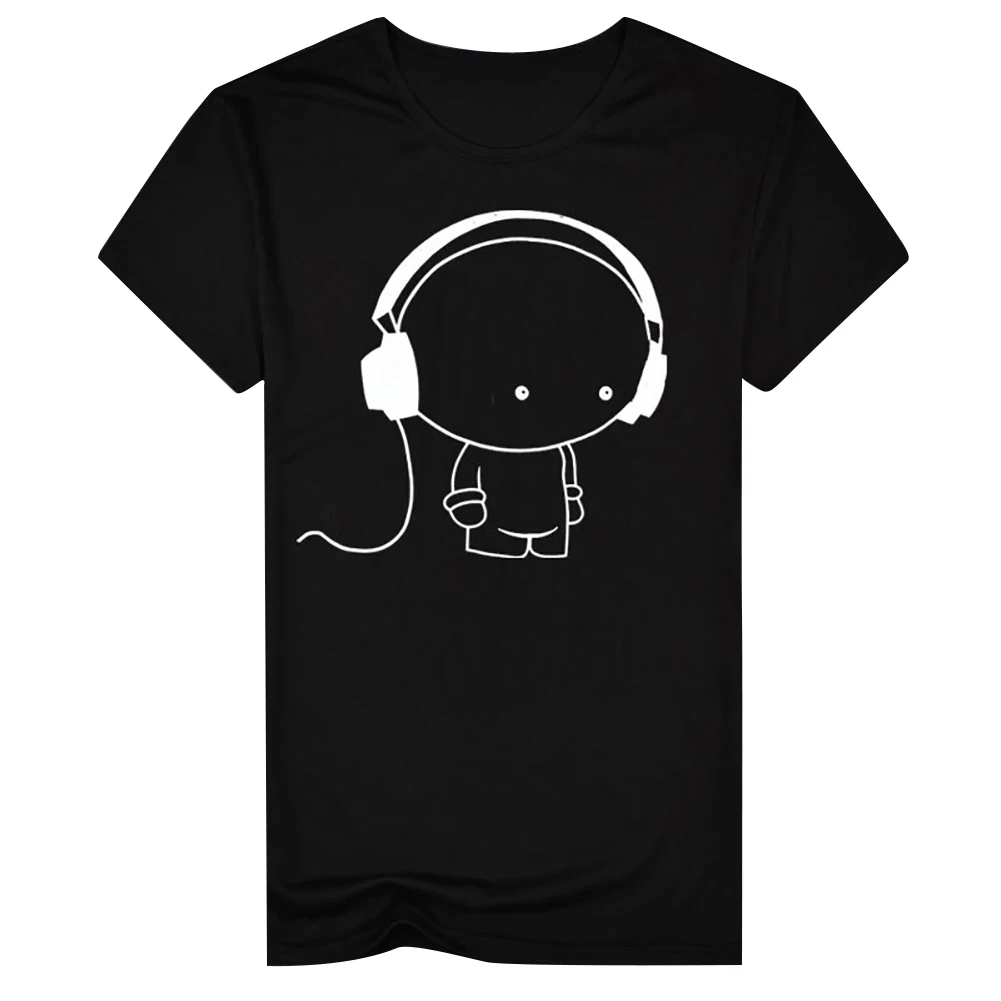 

Men Short Sleeve Shirt Big Head Kid with Headset Summer O-Neck Top Tee T-Shirt