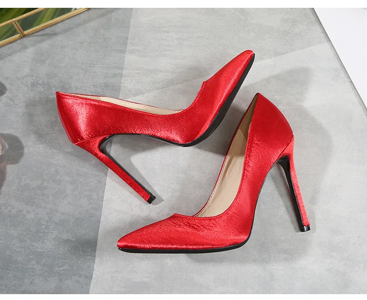 Fashion Satin Shallow Wedding Shoes Elegant Women Pumps Solid Flock Pointed Toe High Heels Shoes Plus size 35-46