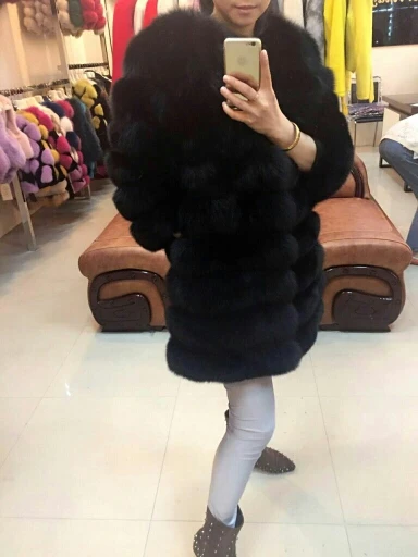 80 см длина Роскошный натуральный Лисий мех пальто куртка женская зимняя теплая средняя длинная одежда натуральный мех пальто парка - Цвет: black