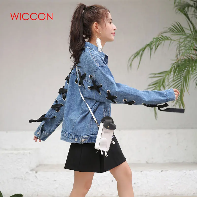 

Lace Up Denim Jacket Women Fashion Lattice Eyelets Back Ladies Elegant Autumn Spring Casual Oversized Coat Long Sleeve