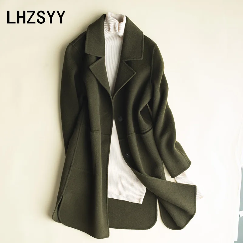 

LHZSYY Autumn New Women's Cashmere Double-Faced Woolen coat V-Neck Solid Color Long Coat Winter Soft Warm Wool Female Thick Coat