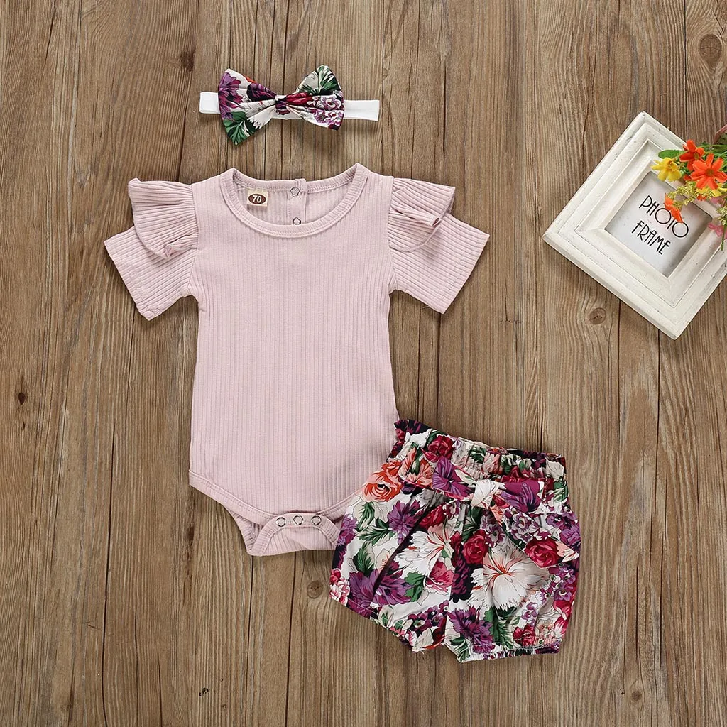 Новая модная летняя одежда для новорожденных девочек; комплект милых боди+ шорты с цветочным принтом; ; ; Z4