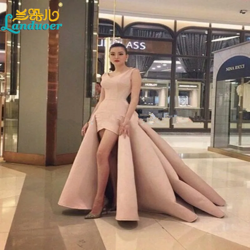 Unique High Low V neck Prom Dresses vestidos de fiesta 2016 Front Short Long Back Formal Gown Elegant Evening Party Dress