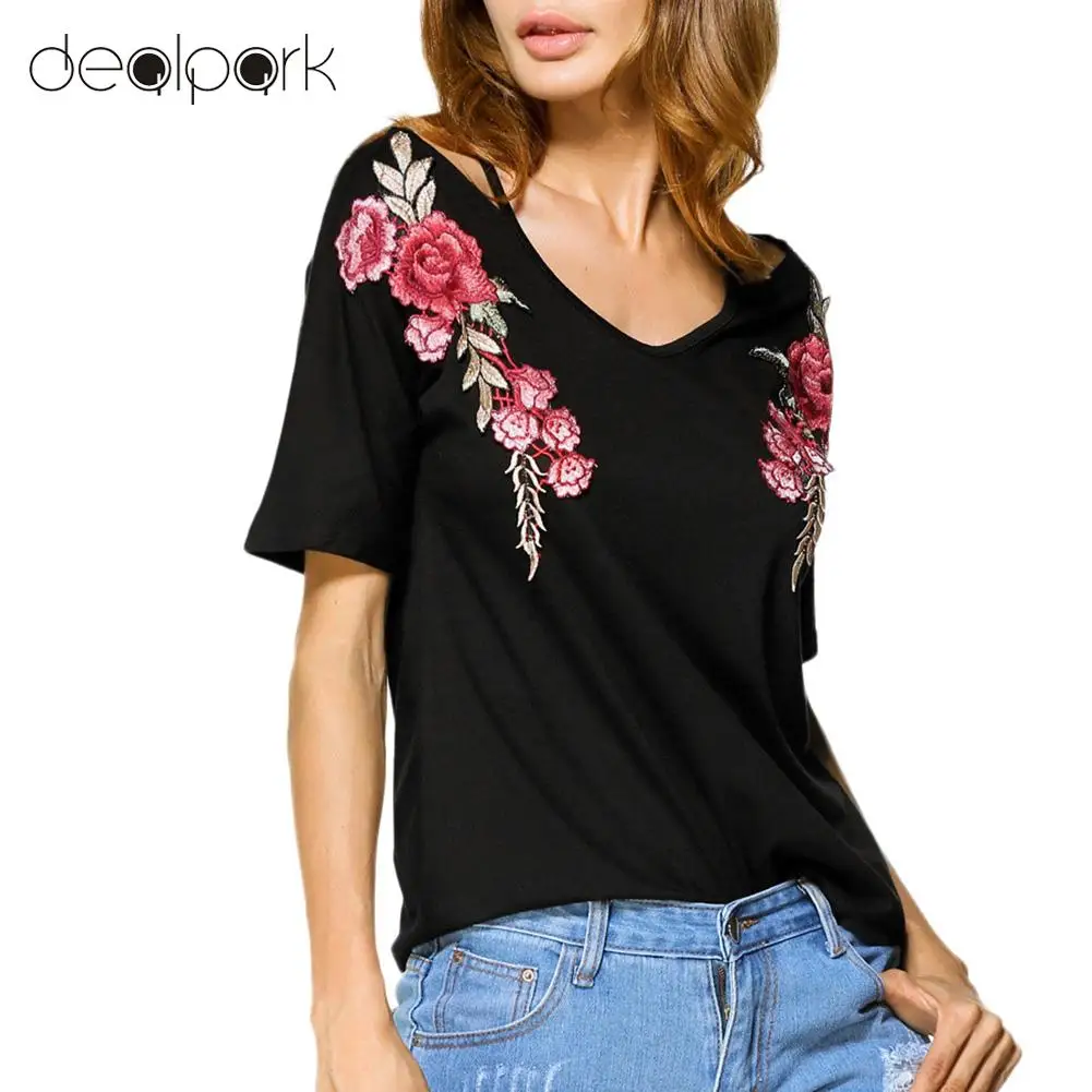 

3XL 4XL 5XL Plus Size Off Shoulder Tops Women T-Shirt Floral Embroidery T shirt Short Sleeve Casual Summer tunics White / Black