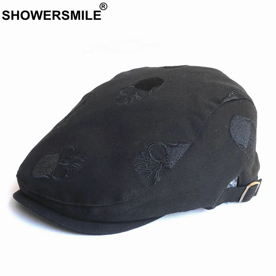 

SHOWERSMILE Men Flat Cap Embroidery Skull Cotton Beret Hats Male Black Casual Solid Spring Summer Adjustable Driving Ivy Caps