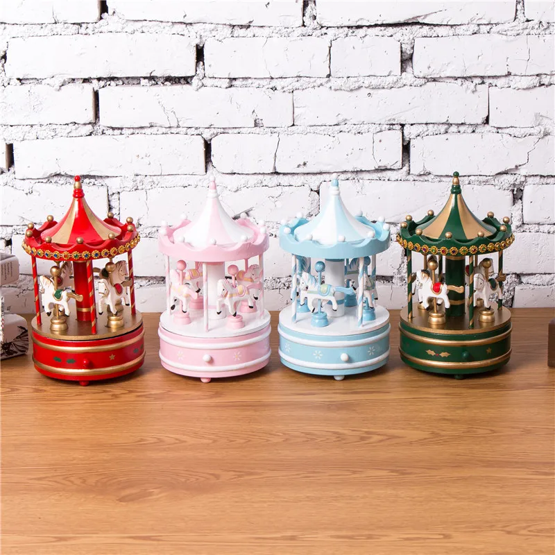 Wooden Carousel Music Box 4 Horse Mechanical Merry-Go-Round Wind-Up