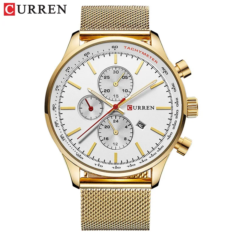 CURREN Топ часы для мужчин люксовый бренд повседневное нержавеющая сталь спортивные часы Япония кварцевые унисекс наручные часы для мужчин военные часы - Цвет: gold white