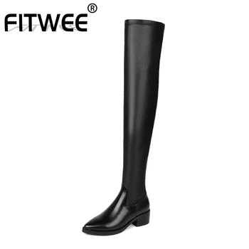 

FITWEE Real Leather Over The Knee Boots Women Pointed Toe Zipper Thick Heel Shoes Winter Warm Thigh High Boots Size 32-43