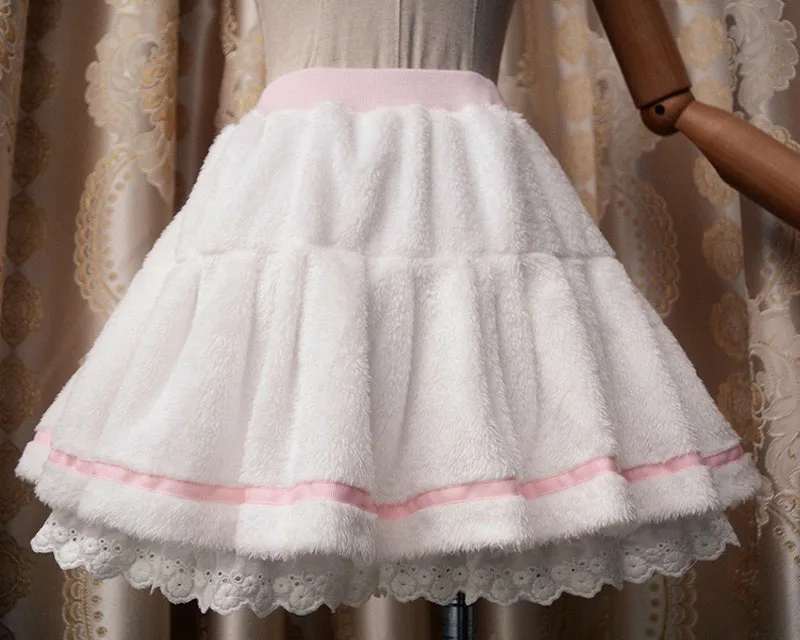 

Women Autumn Winter Sweet White Lolita Plush Fleece Mini Skirt Japanese Fashion Cosplay Cute Bottom Lace Trim For Ladies