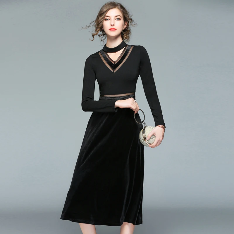 Robe Sexy Perspective Gauze Patchwork Velvet Dress Winter Dresses Women 2018 Black Office Chinese Dress Tunique Femme K8927