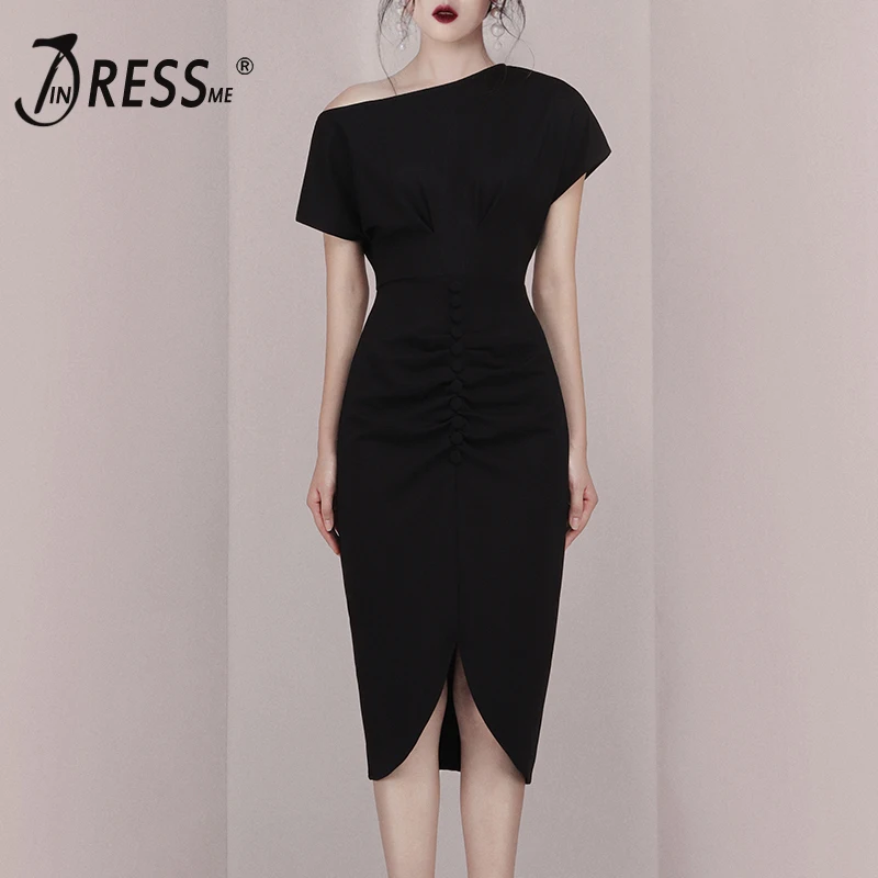 

INDRESSME 2019 New Fashion Women Slash Neck Short Sleeves Split Asymmetrical Hem Elegant Office Lady Sheath Mid-Calf Dress Black